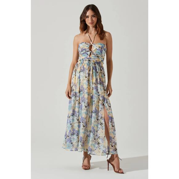 Astr Dresses & Skirts - ASTR The Label Women's Rozina Blue Green Floral Cutout Lined Maxi Dress